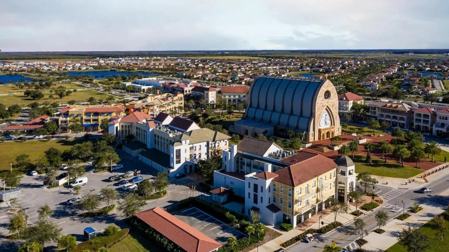 Aerial view of the town center and surrounding homes in Ave Maria, near Naples, Florida.