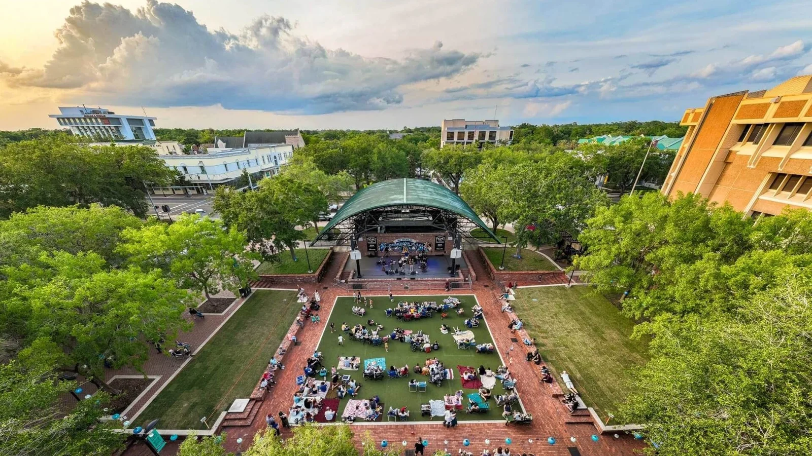 Aerial view of Bo Diddley Plaza in downtown Gainesville surrounded by trees