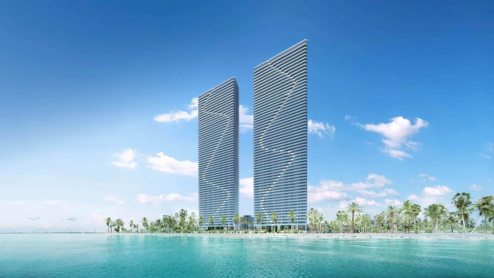 Rendering of the twin Aria Reserve towers rising behind palm trees on the Edgewater waterfront, with turquoise water in front.