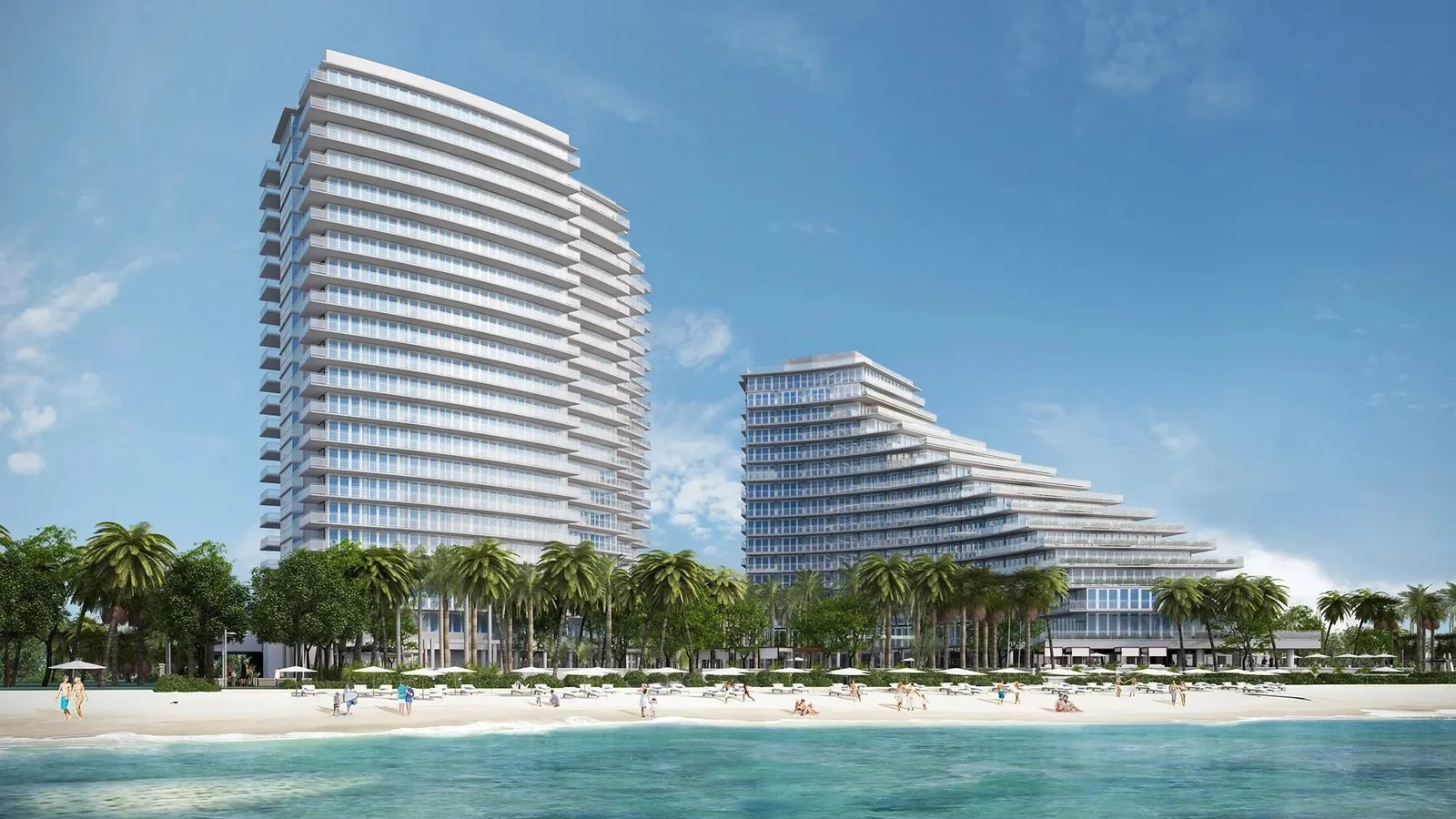 Rendering of the two Auberge Beach Residences towers on the beach in Fort Lauderdale