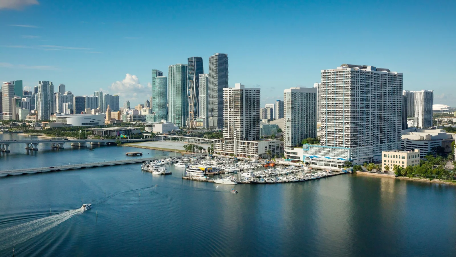 Edgewater and downtown Miami condo towers above a marina on Biscayne Bay