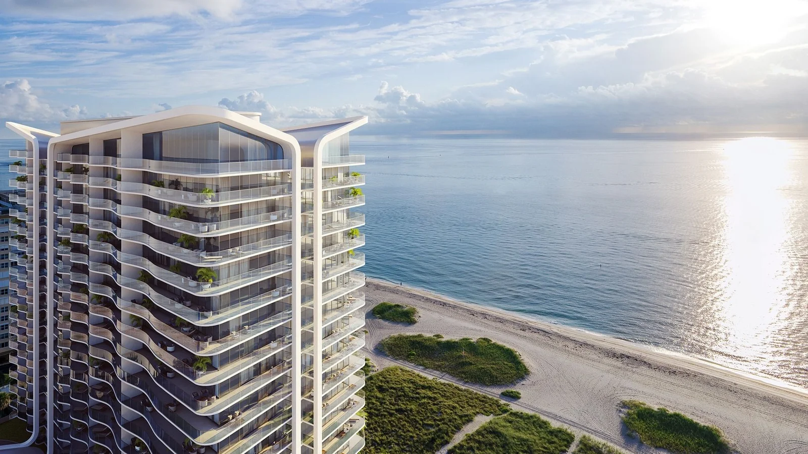 Rendering of the Casamar tower above the beach in Pompano Beach at dawn