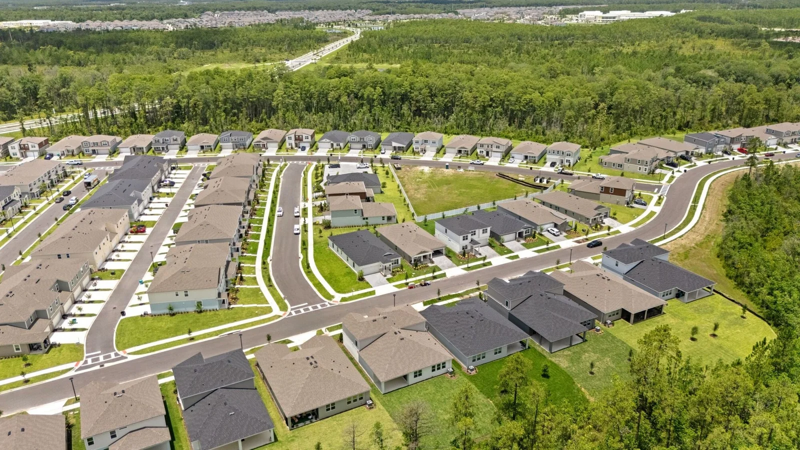 Aerial view of new single-family homes at Meridian Parks, a Mattamy Homes community in Orlando.