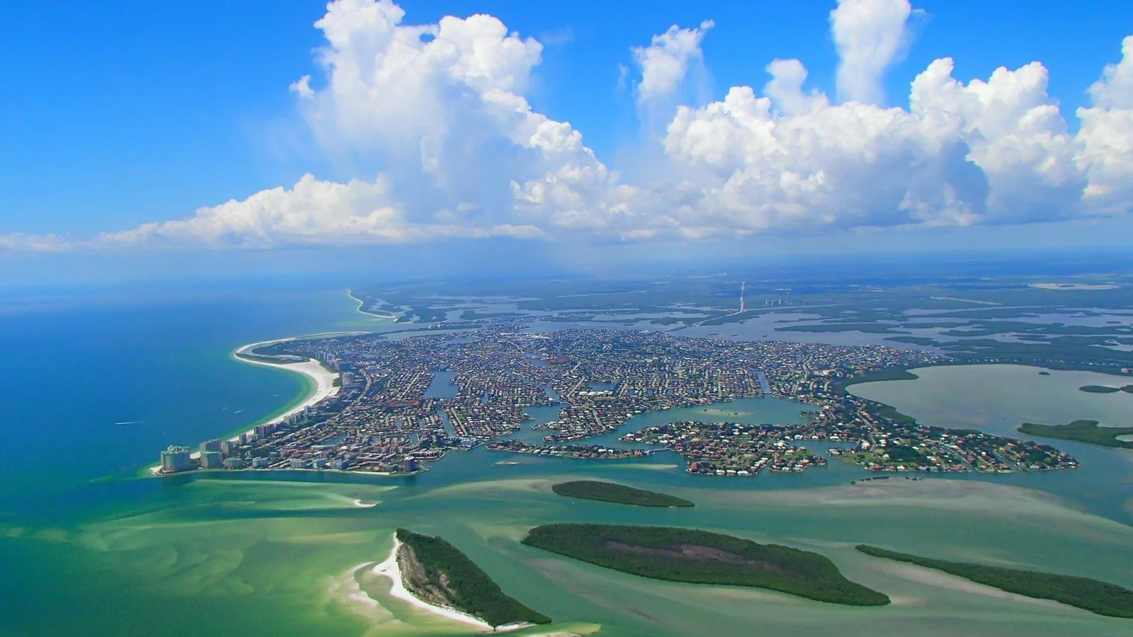 Aerial view of Marco Island and its canal neighborhoods on the Gulf coast of Collier County