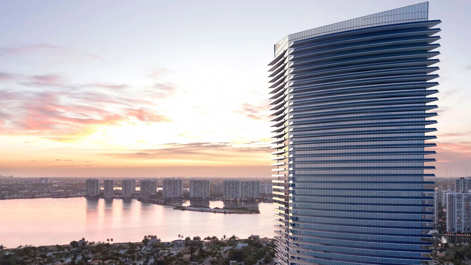 Rendering of the Residences by Armani Casa tower by Dezer Development in Sunny Isles Beach at sunset