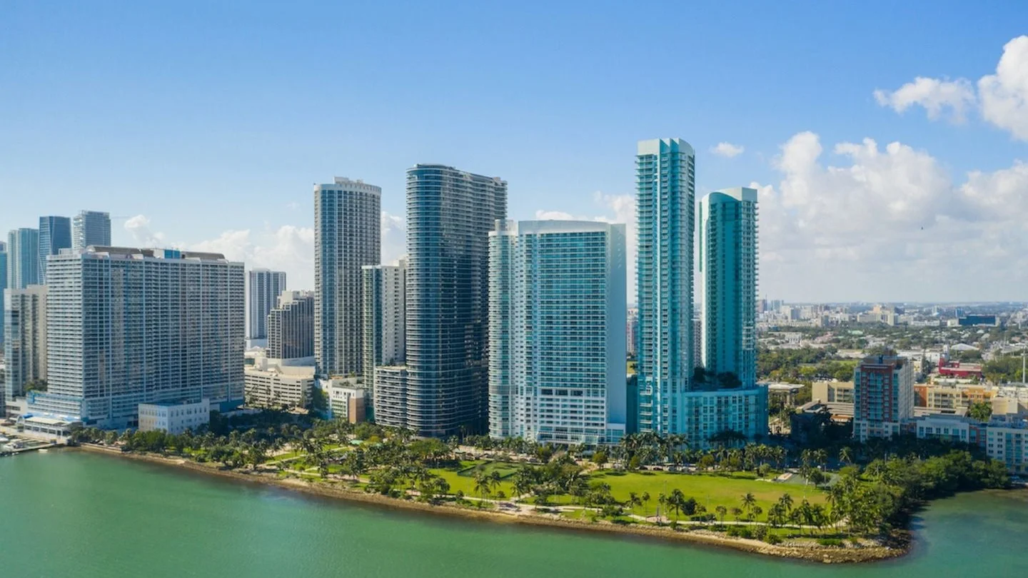 Edgewater condo towers above Margaret Pace Park on Biscayne Bay in Miami