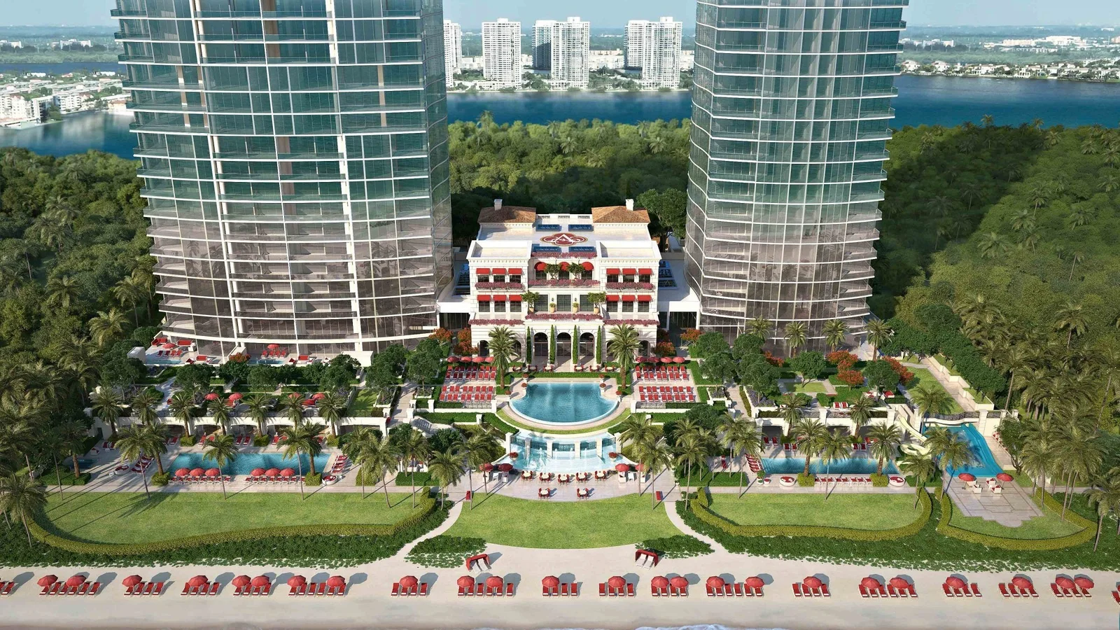 Rendering of the twin towers of the Estates at Acqualina with the clubhouse, pools and beach on the ocean in Sunny Isles Beach
