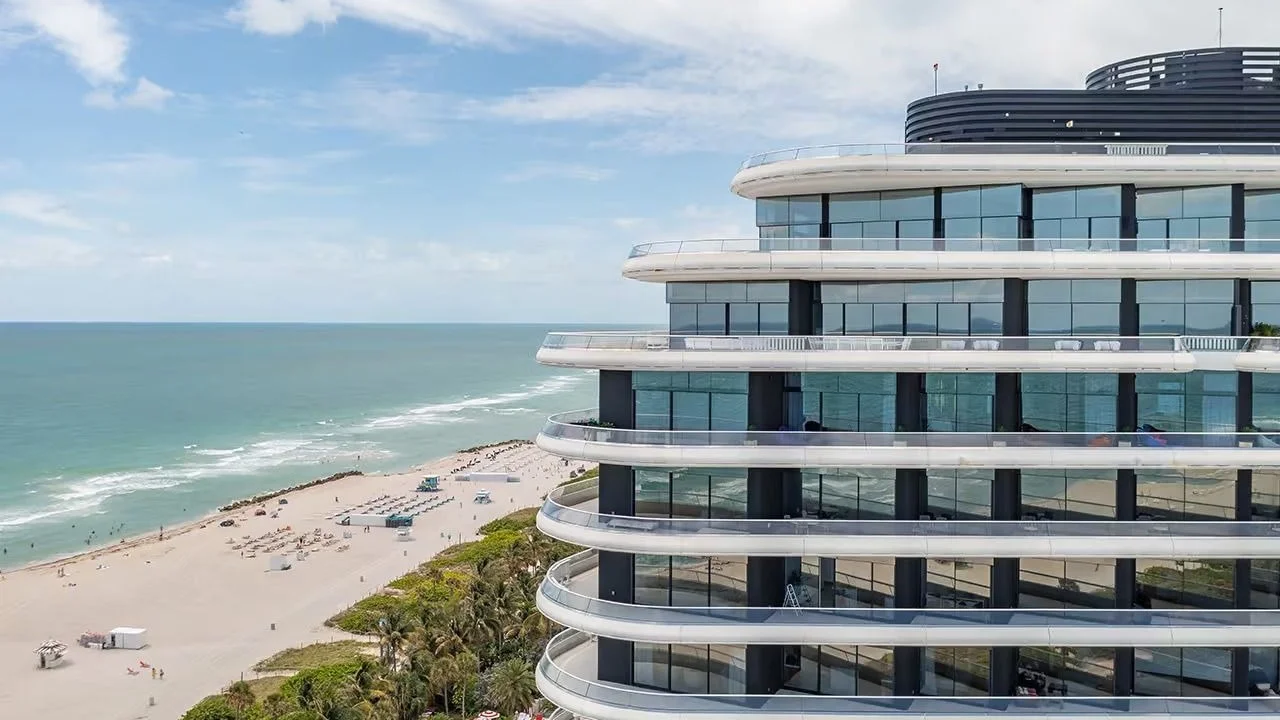 Curved wraparound terraces of Faena House above the beach in Mid-Beach