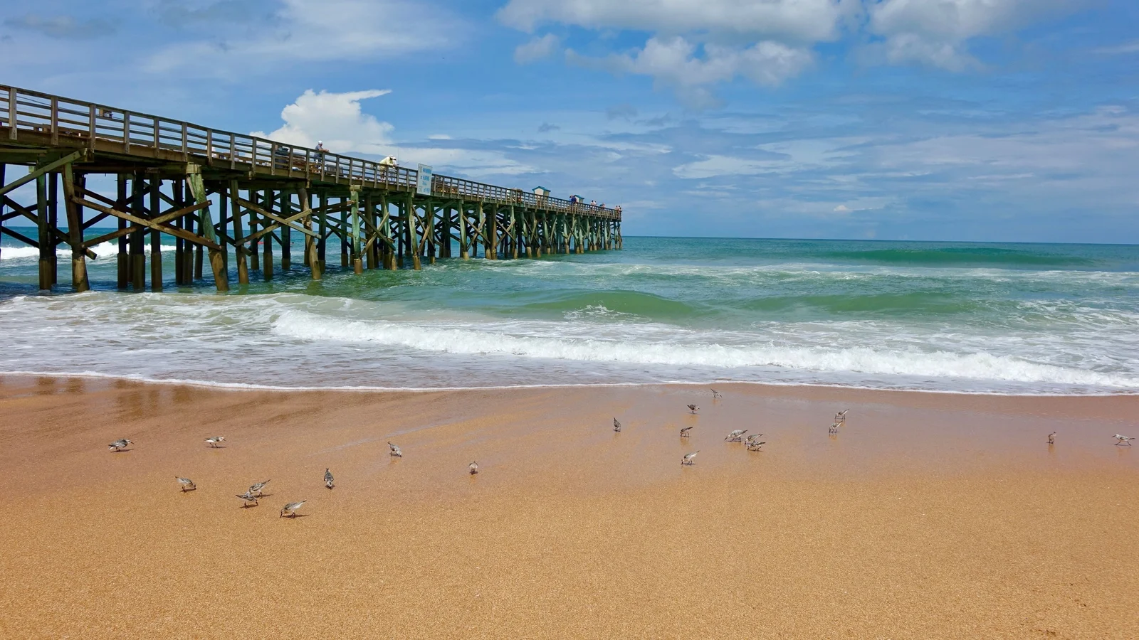 Flagler Beach pier over the Atlantic surf and a sandy beach