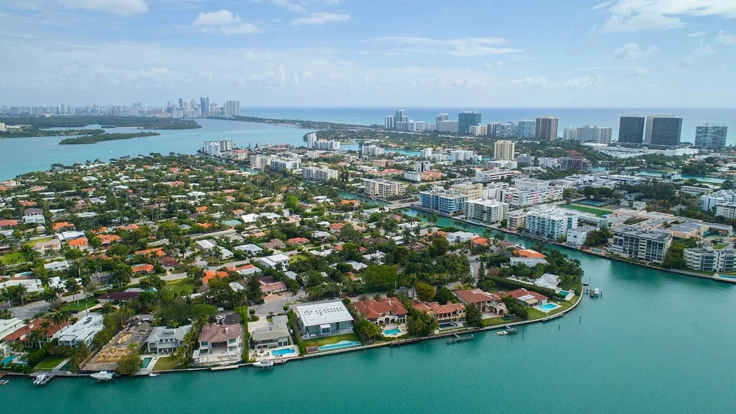 Aerial view of Bay Harbor Islands homes and apartment buildings on Biscayne Bay
