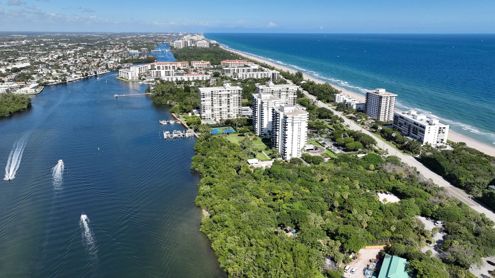 Aerial view of Boca Raton condo towers between the Intracoastal Waterway and the ocean
