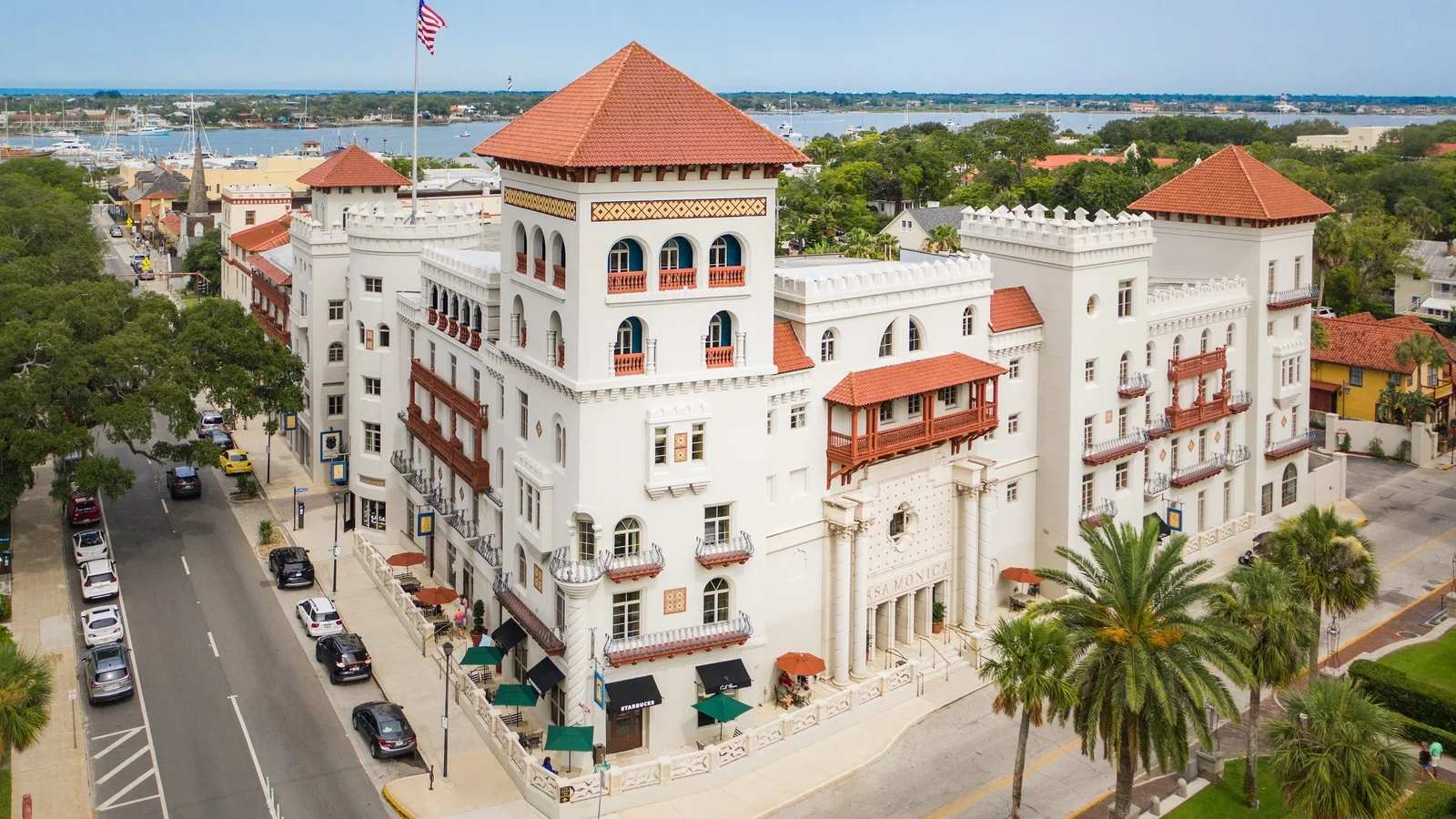 Aerial view of the Casa Monica hotel and historic streets in St. Augustine, Florida.