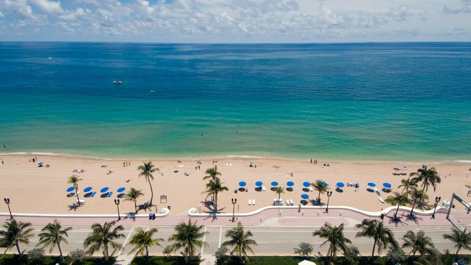 Fort Lauderdale Beach from above with palm trees, the beachfront promenade wall, blue umbrellas and the Atlantic Ocean