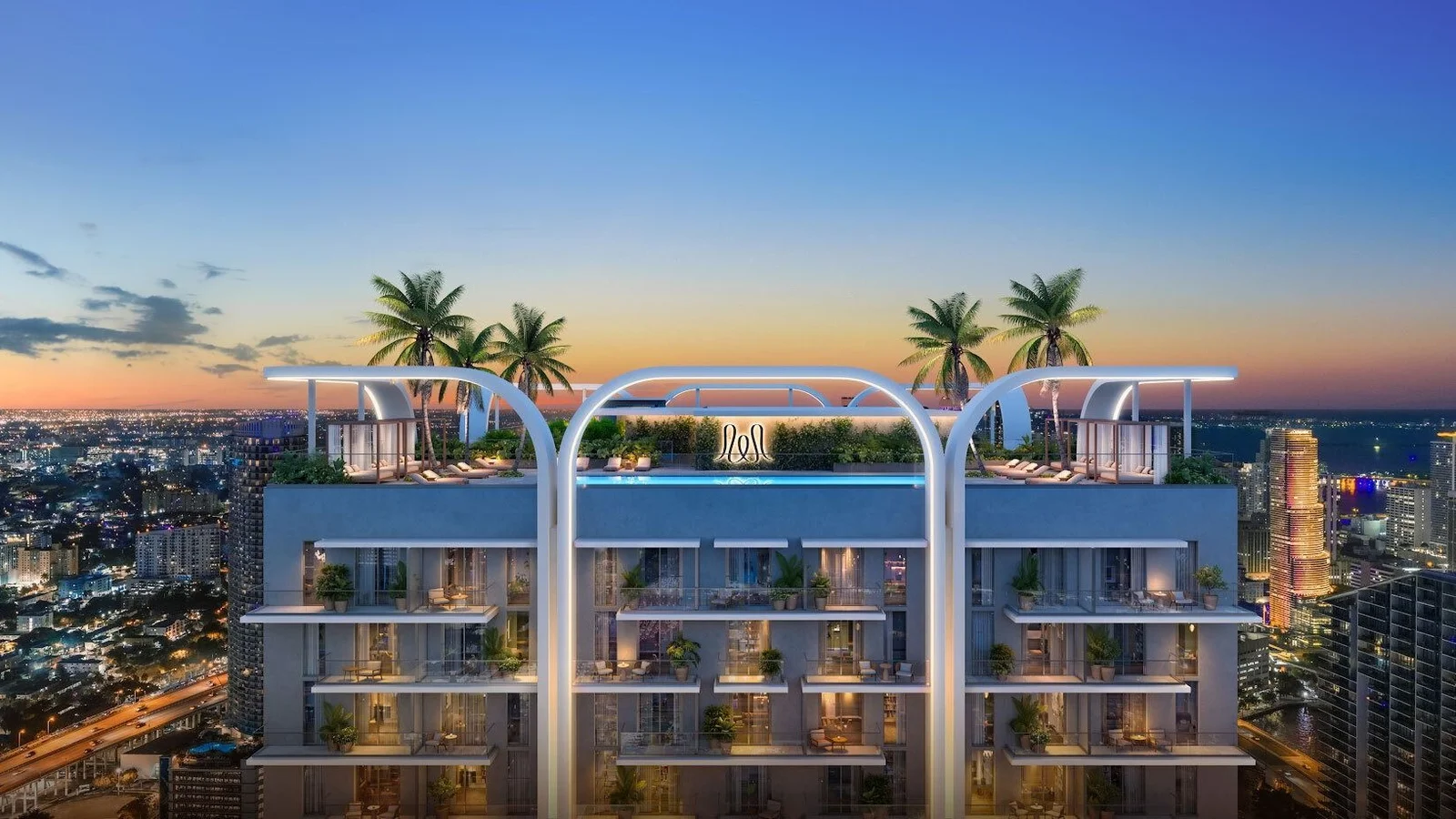 Rendering of the House of Wellness Brickell rooftop pool deck at sunset, with the Brickell skyline around it.