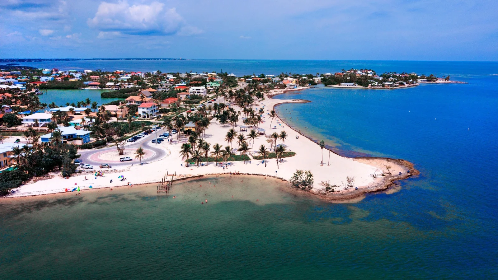 Aerial view of Sombrero Beach in Marathon in the Florida Keys with waterfront homes