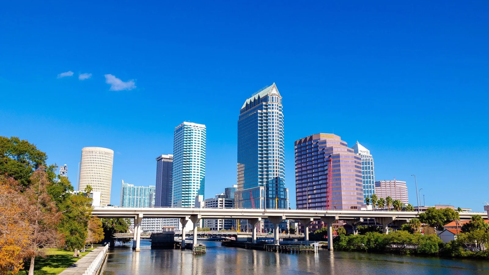 Downtown Tampa skyline above the Hillsborough River and an expressway bridge