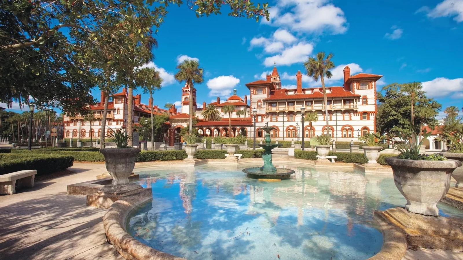 Fountain and plaza in front of historic Flagler College in St. Augustine, Florida.