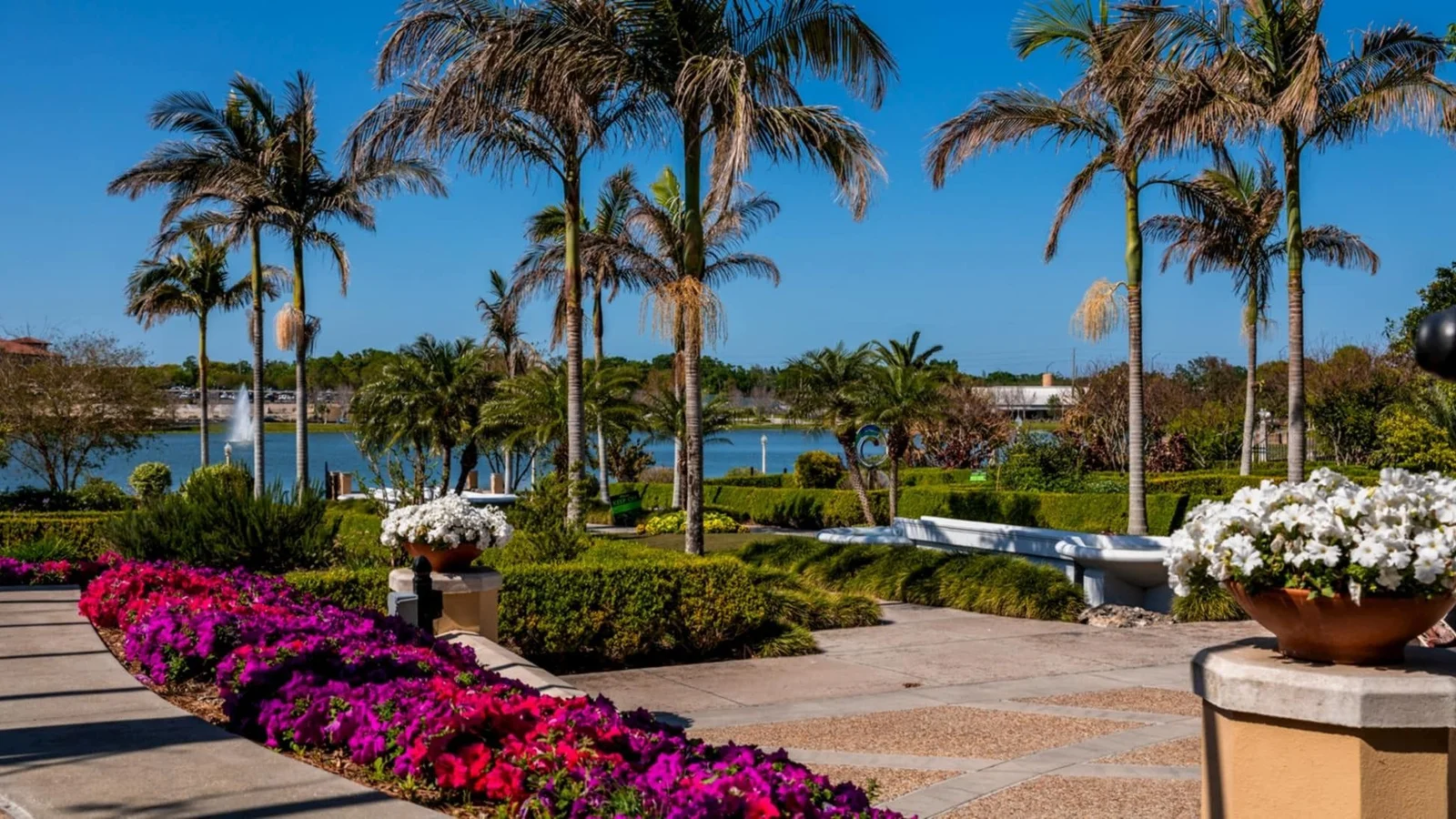 Flower beds and palm trees at Hollis Garden on the shore of Lake Mirror in downtown Lakeland.