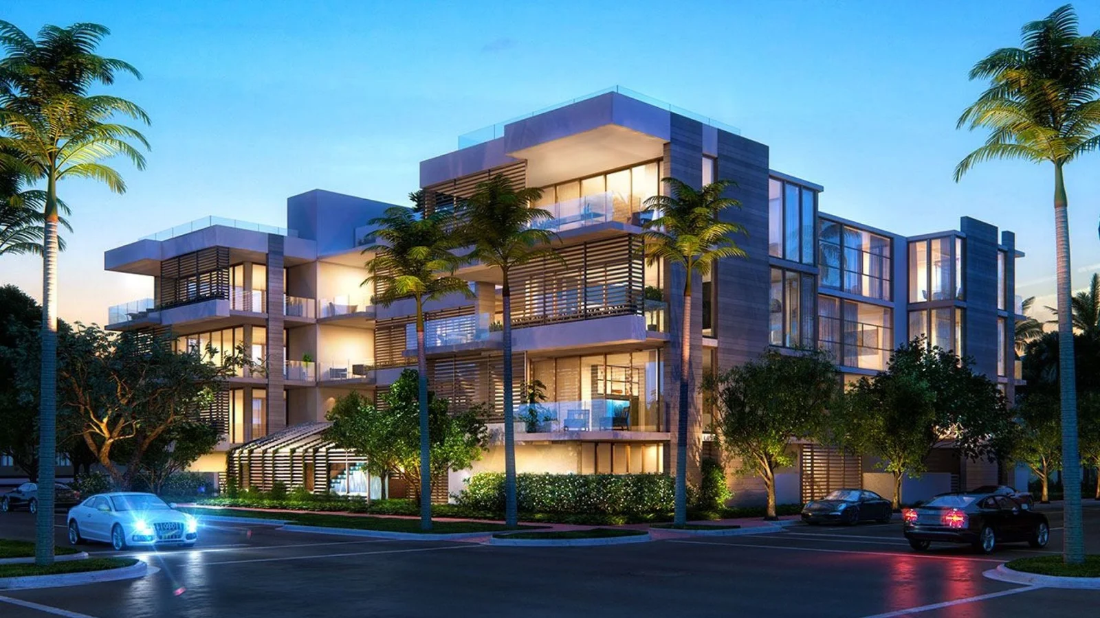 Rendering of Louver House by Mast Capital, a low-rise condo building with palm trees at dusk.