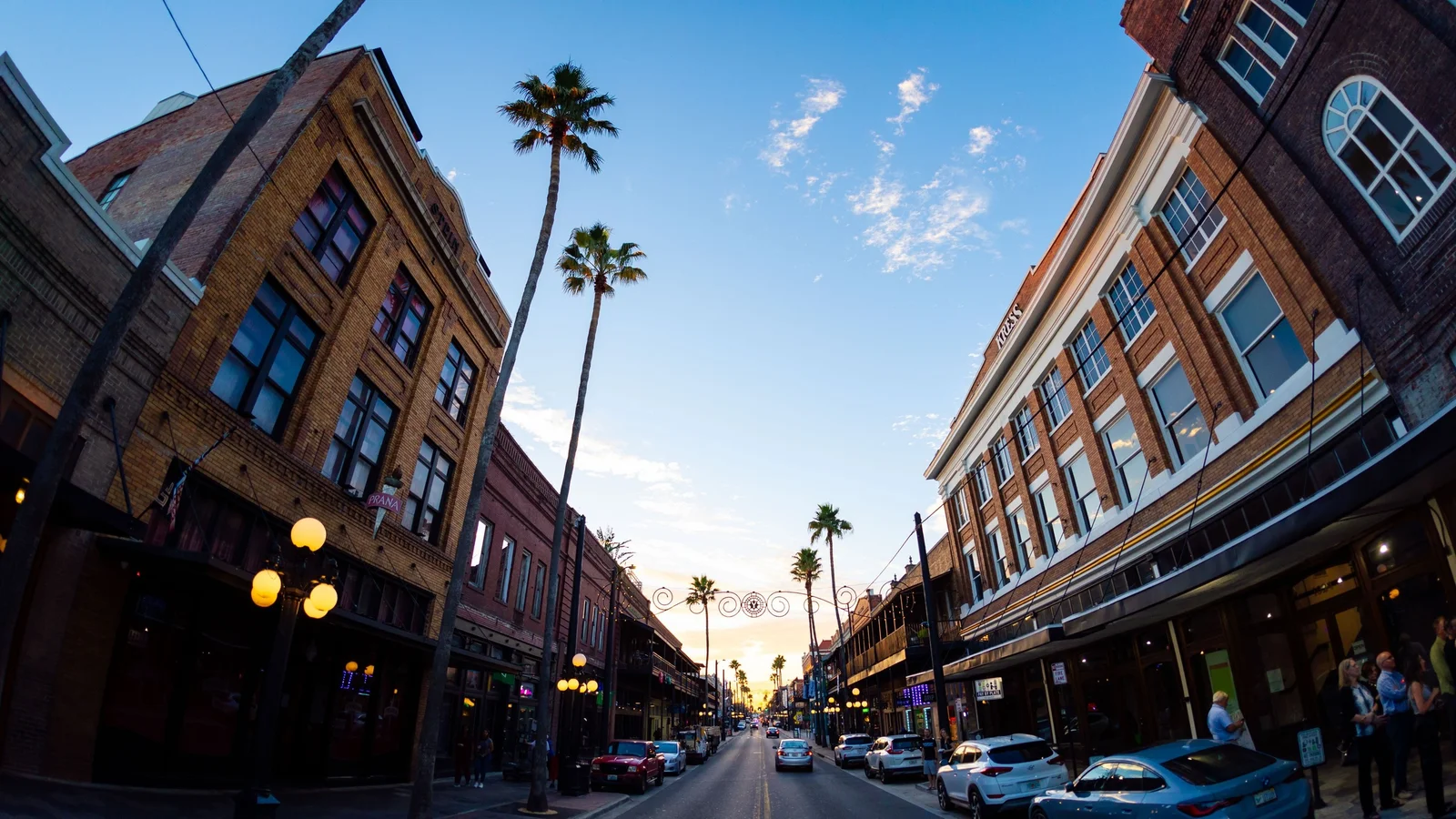 Historic brick buildings along Seventh Avenue in Ybor City, Tampa.