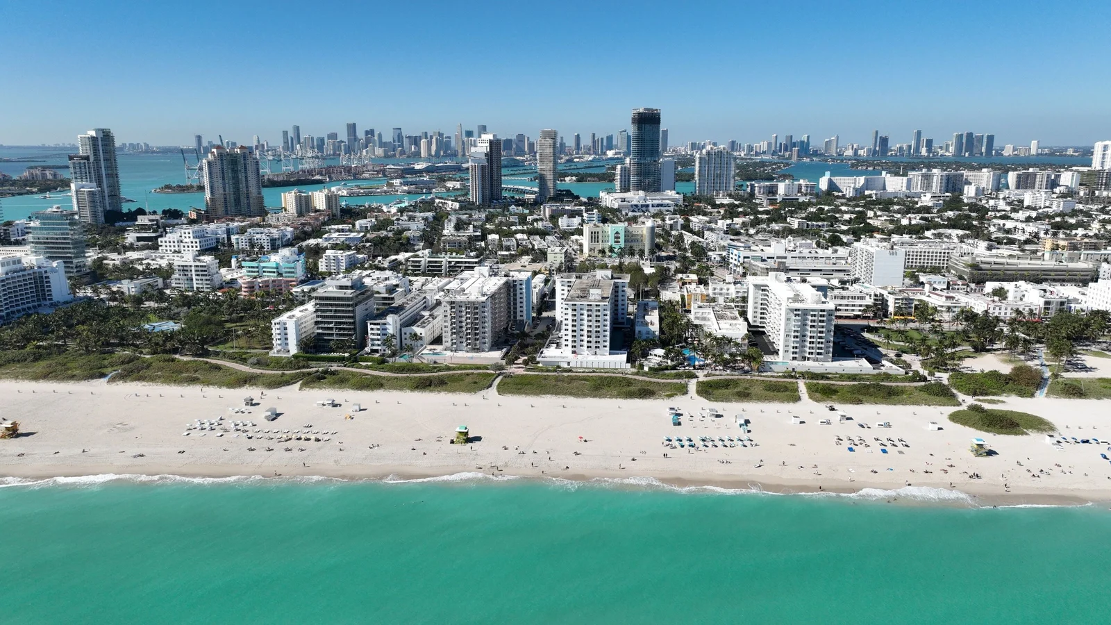Aerial view of South Beach in Miami Beach with hotels and apartments behind Lummus Park
