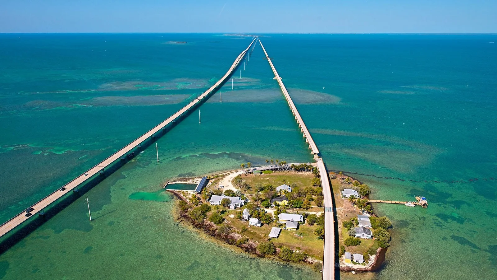 Aerial view of the Seven Mile Bridge and old bridge crossing Pigeon Key in the Florida Keys