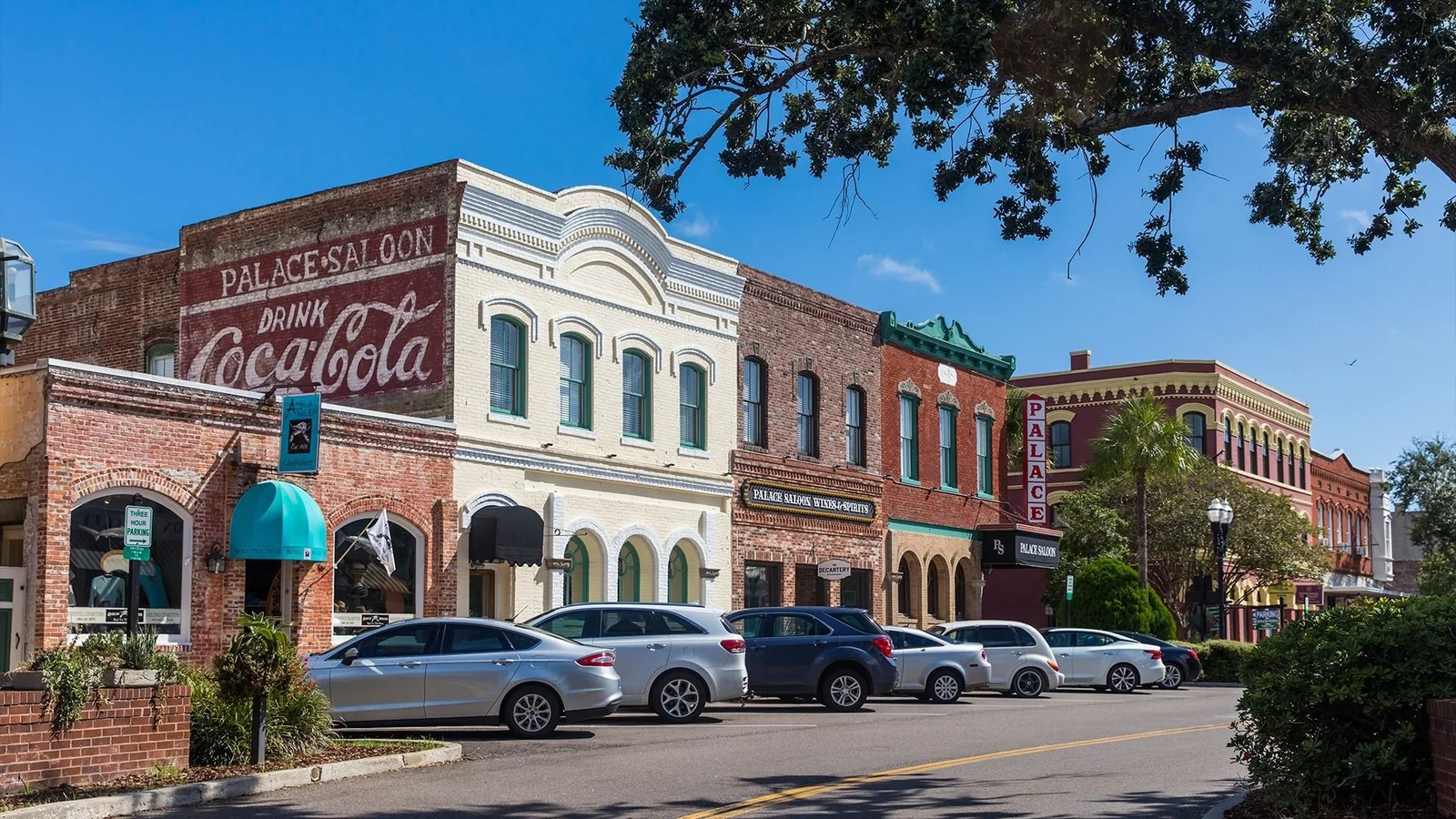 Historic brick storefronts on Centre Street in downtown Fernandina Beach, Amelia Island
