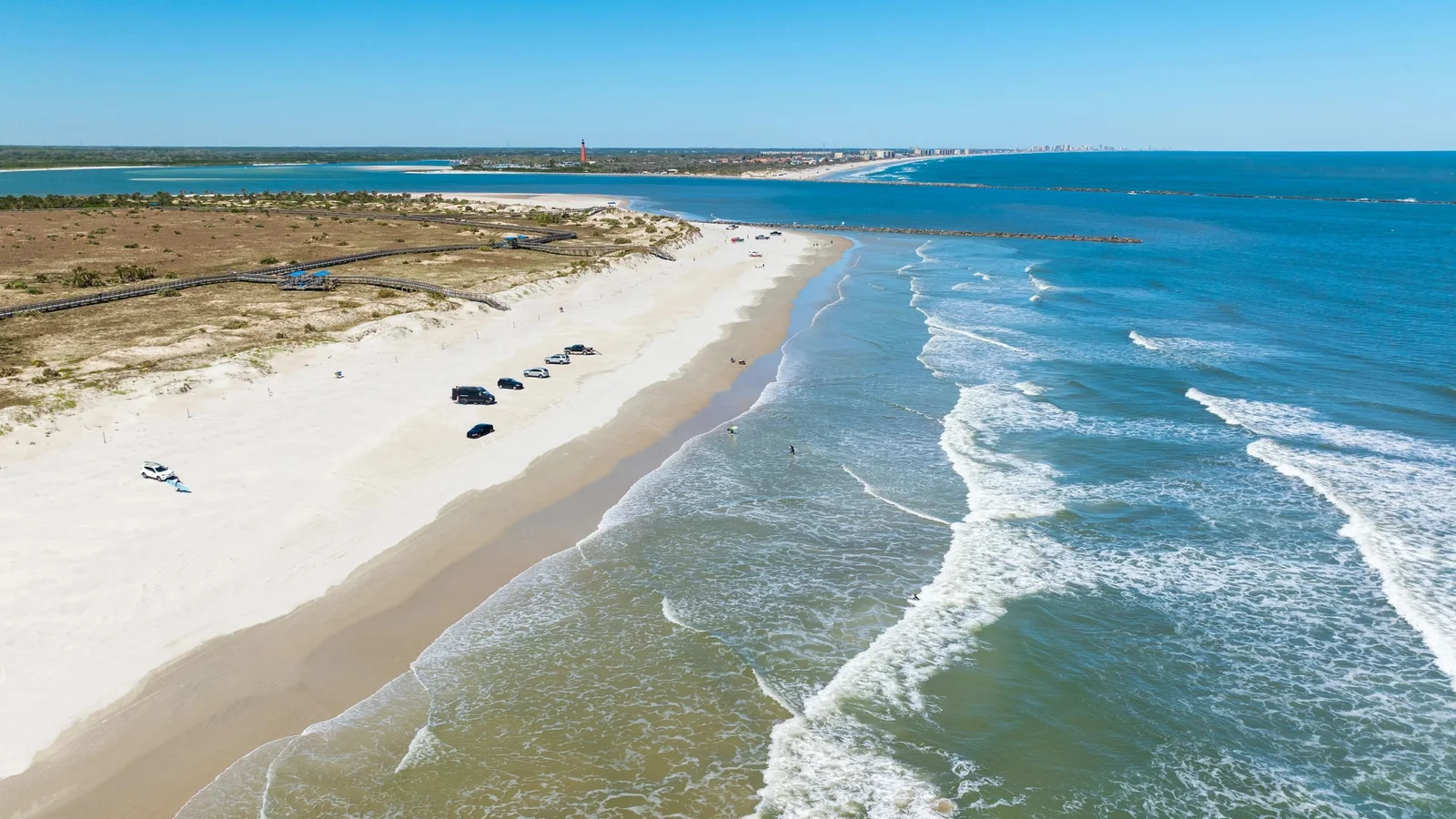 Aerial view of the beach at Smyrna Dunes Park in New Smyrna Beach