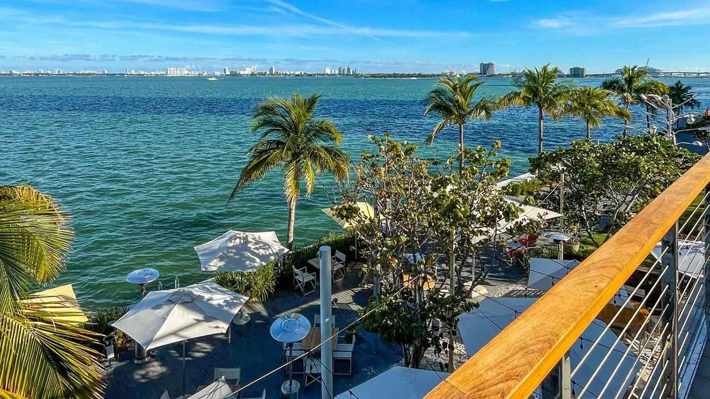 The waterfront terrace of Amara at Paraiso in Edgewater, with palm trees and white umbrellas above Biscayne Bay; the photo shows the Edgewater neighbourhood, not the Ocho building.