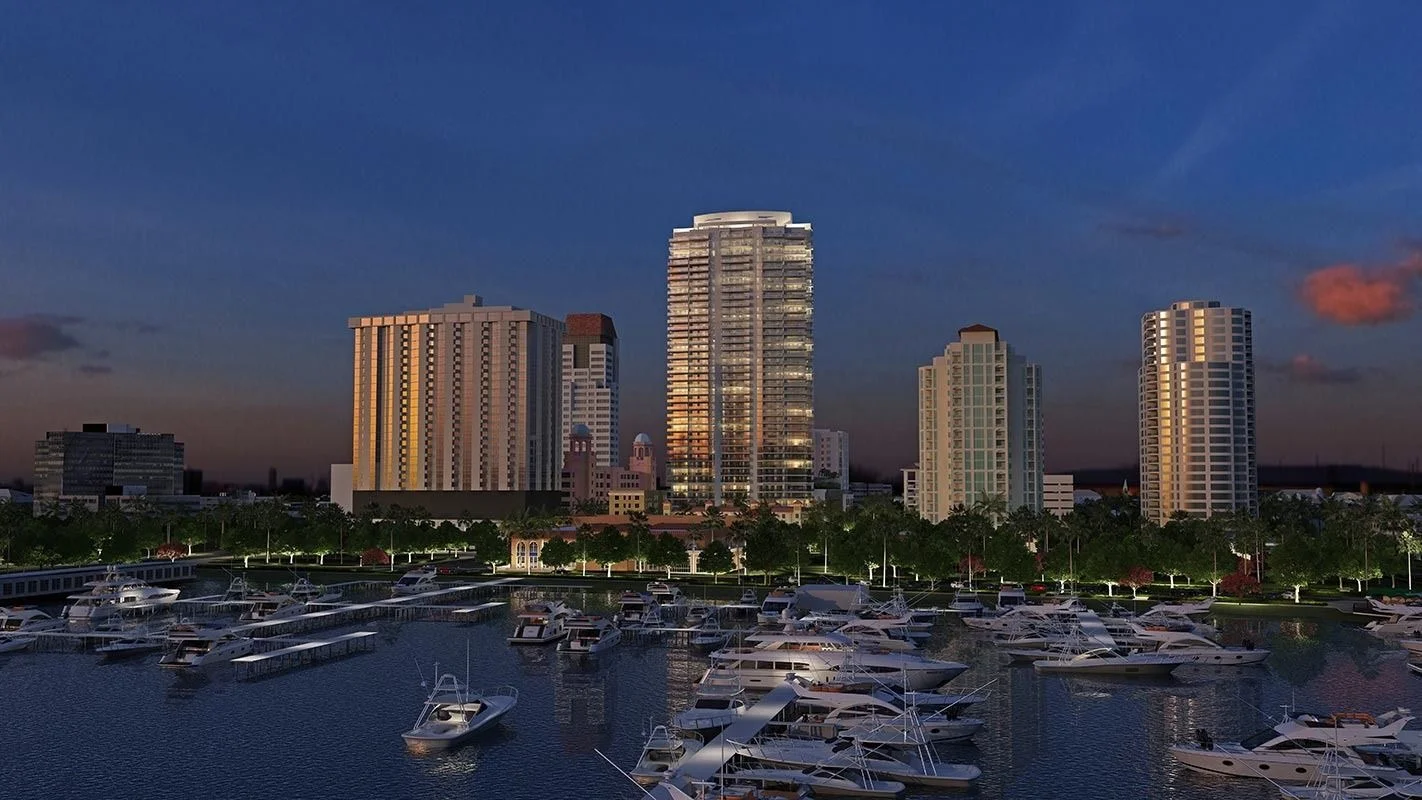Rendering of the ONE St. Petersburg tower rising above the downtown marina at dusk