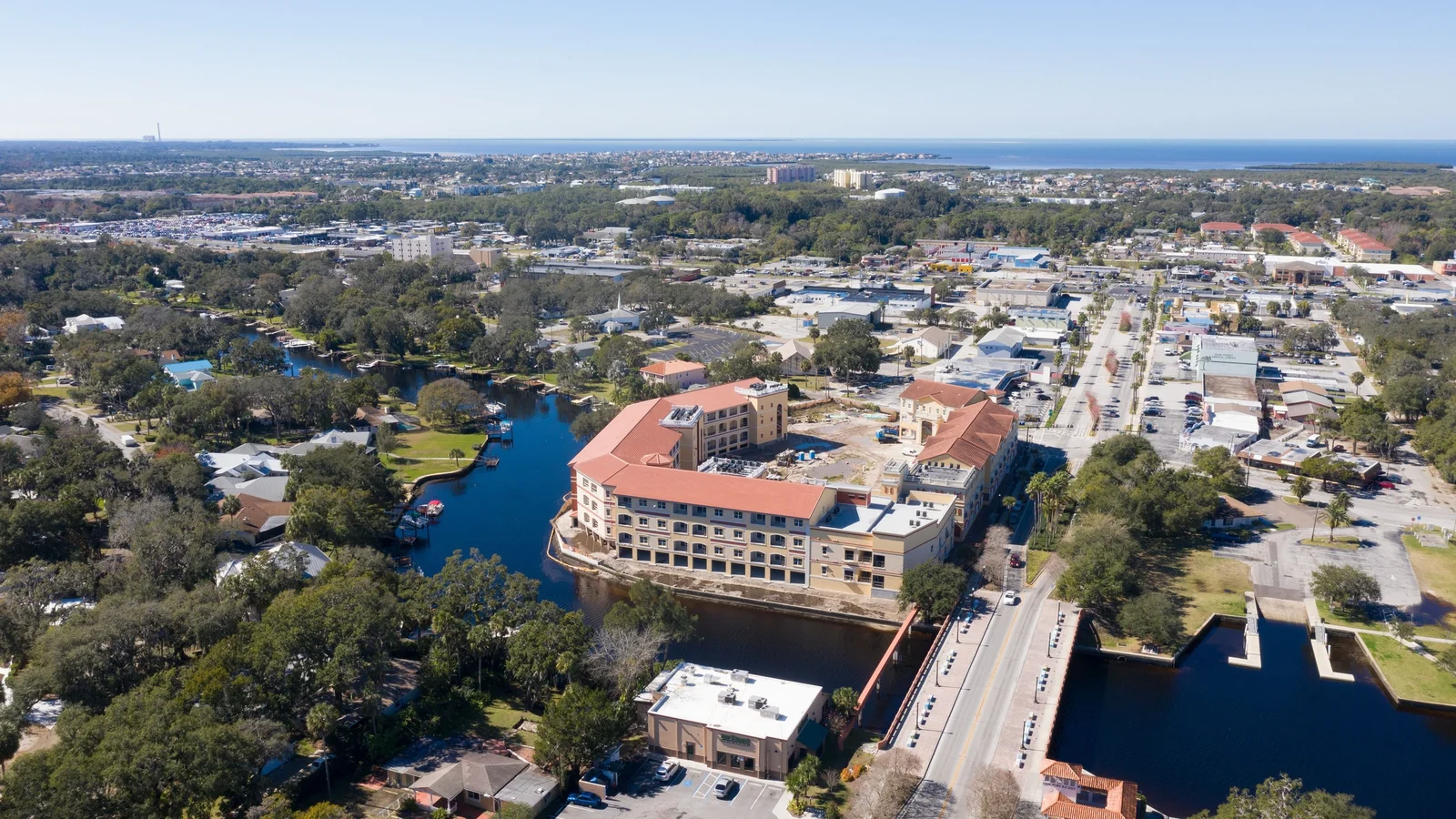 Aerial view of downtown New Port Richey and the Pithlachascotee River