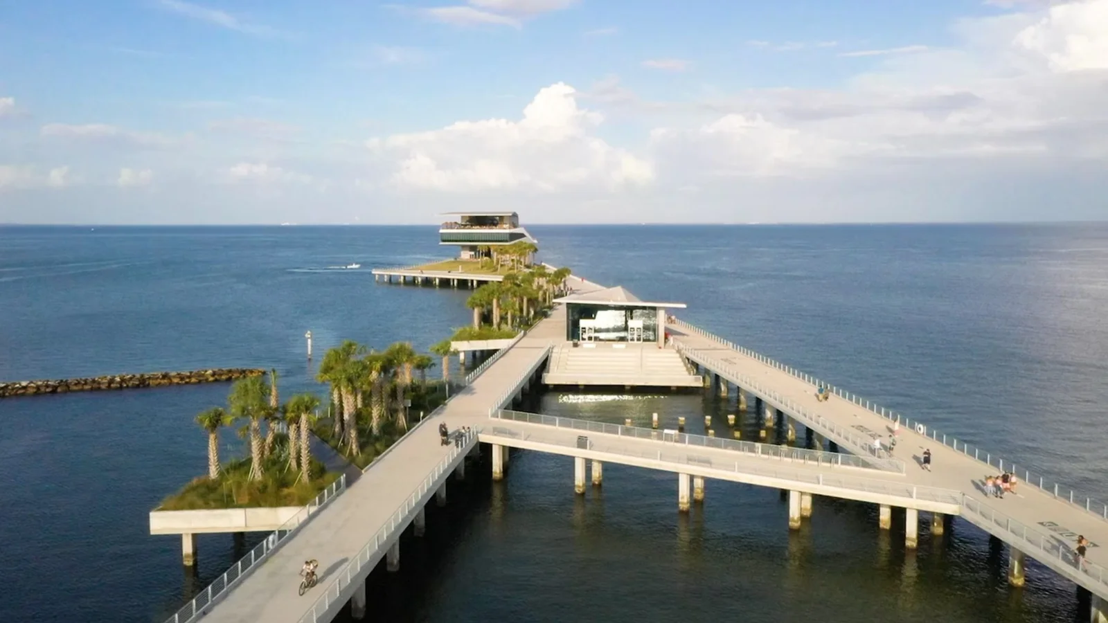 Aerial view of the St. Pete Pier stretching into Tampa Bay in St. Petersburg
