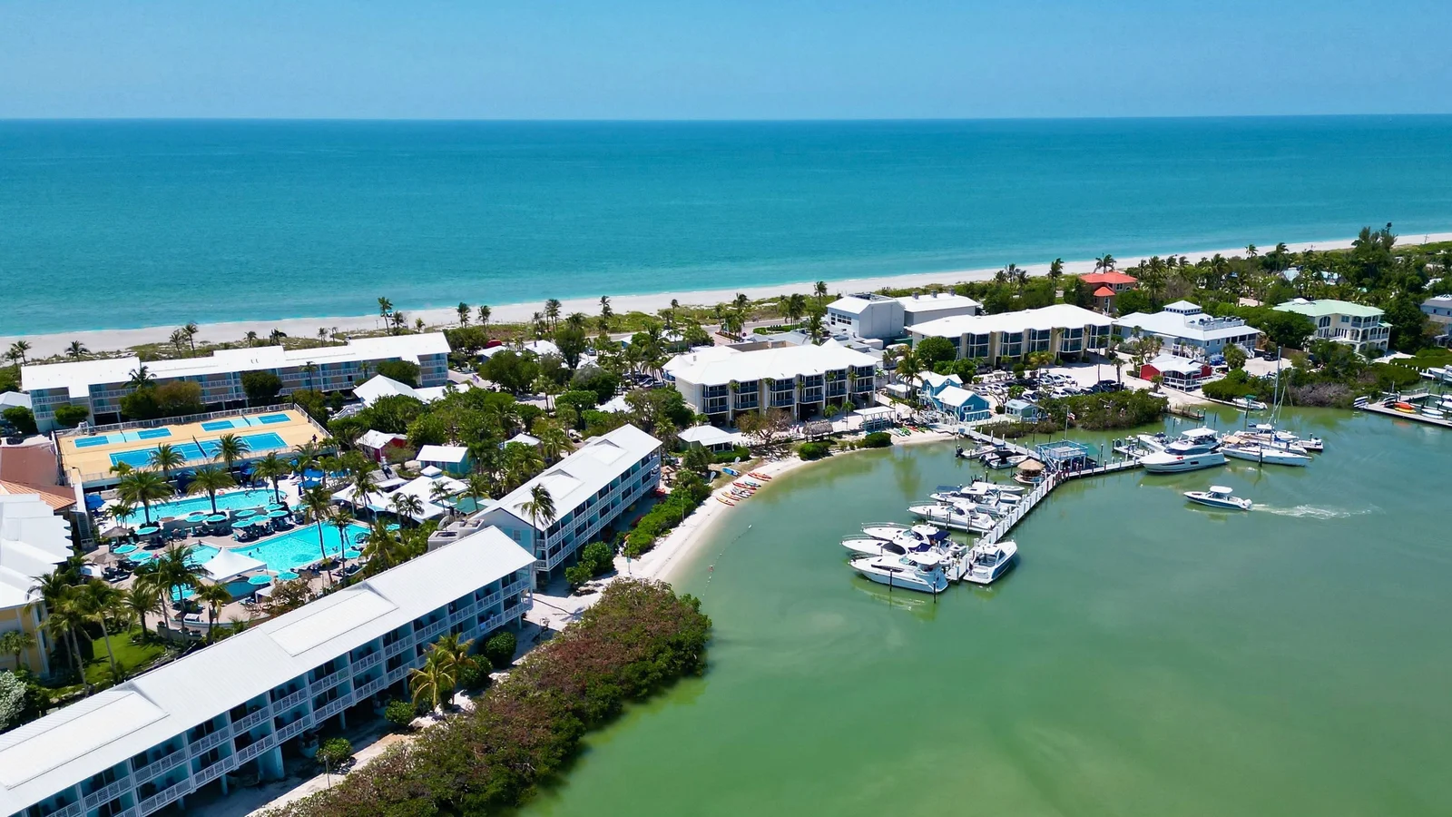 Aerial view of a resort, marina and beach on Captiva Island, Florida.