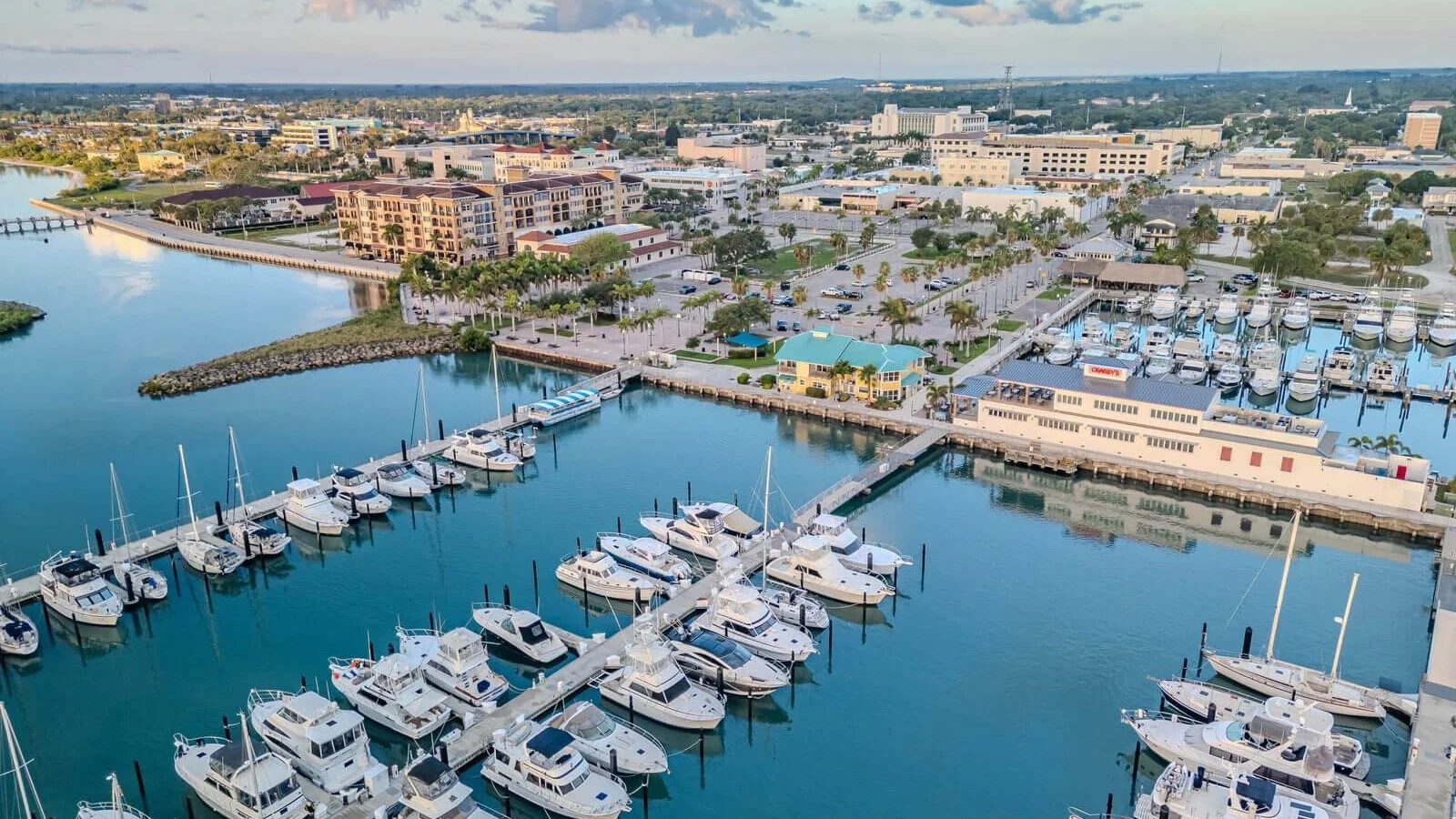 Aerial view of the Fort Pierce marina and downtown waterfront