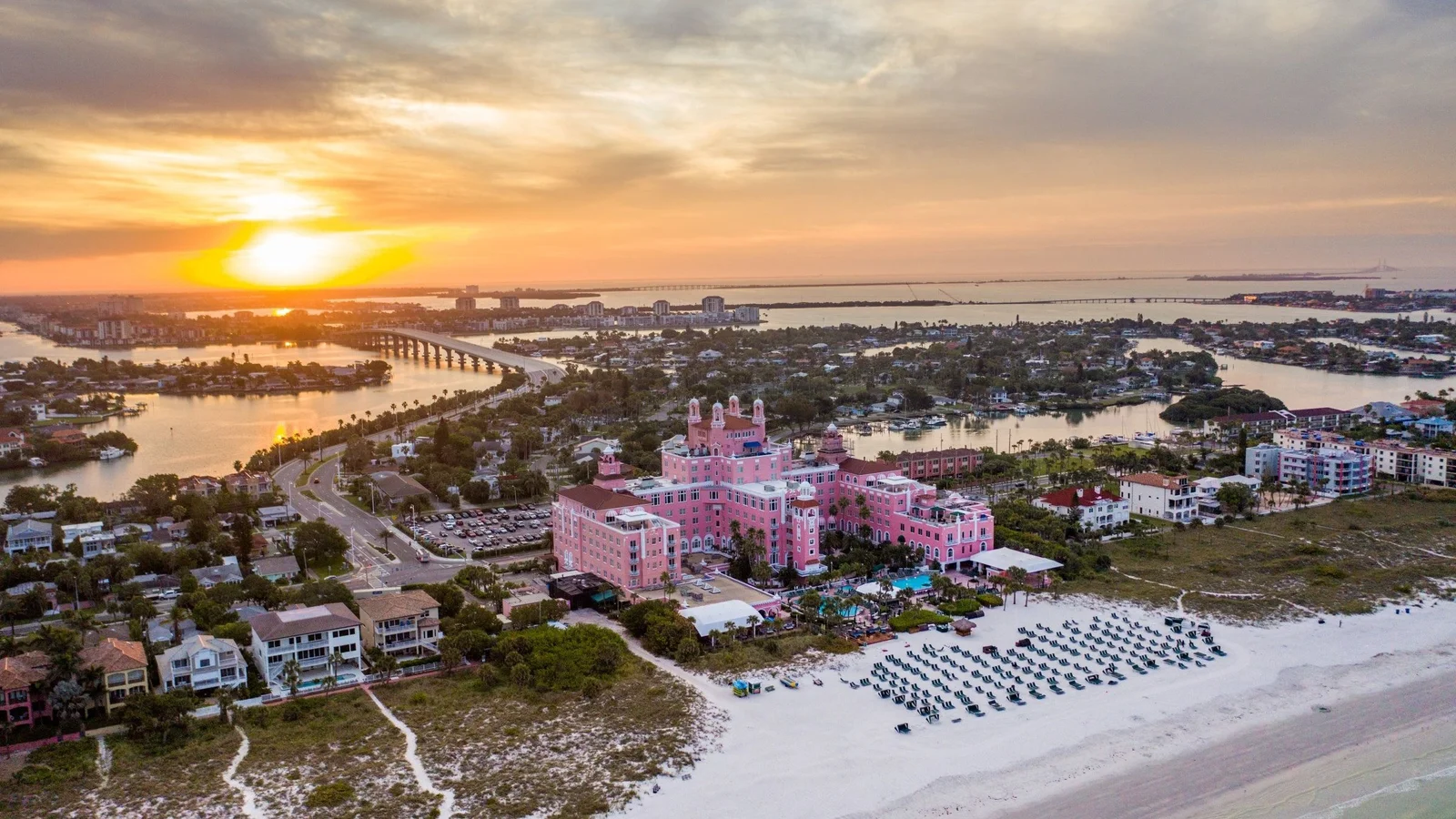 Aerial view of St. Pete Beach and the pink Don CeSar hotel at sunrise