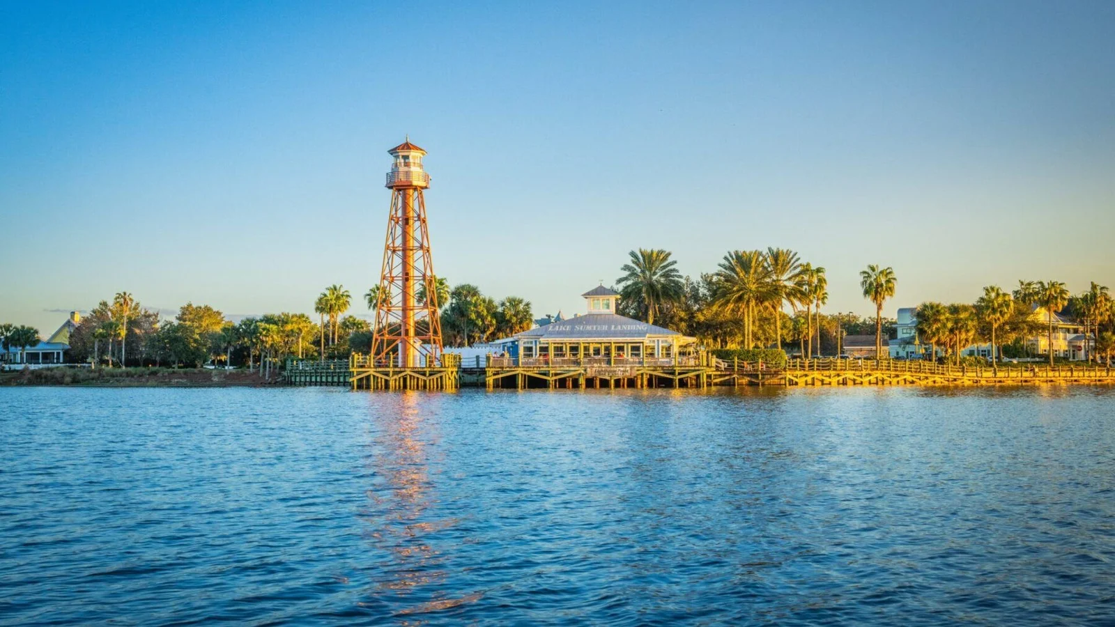 Lake Sumter Landing in The Villages with its lighthouse tower and waterfront buildings