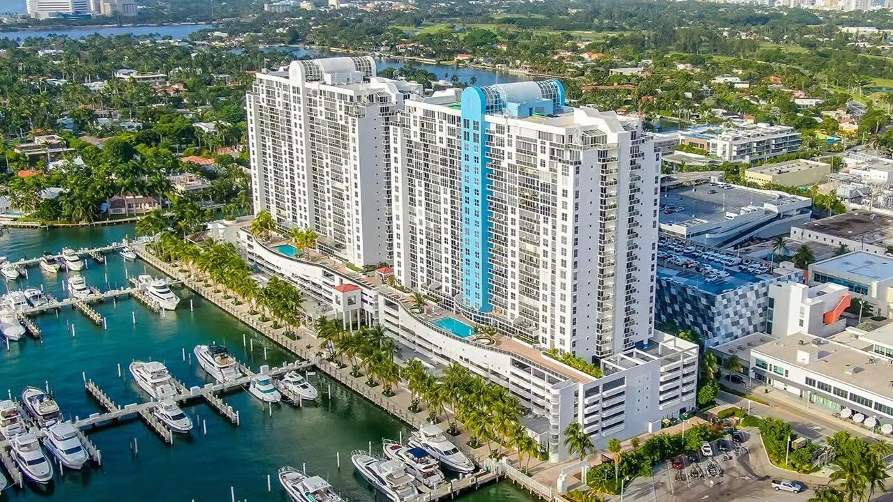 Aerial view of the Sunset Harbour towers and their marina on Biscayne Bay in Miami Beach