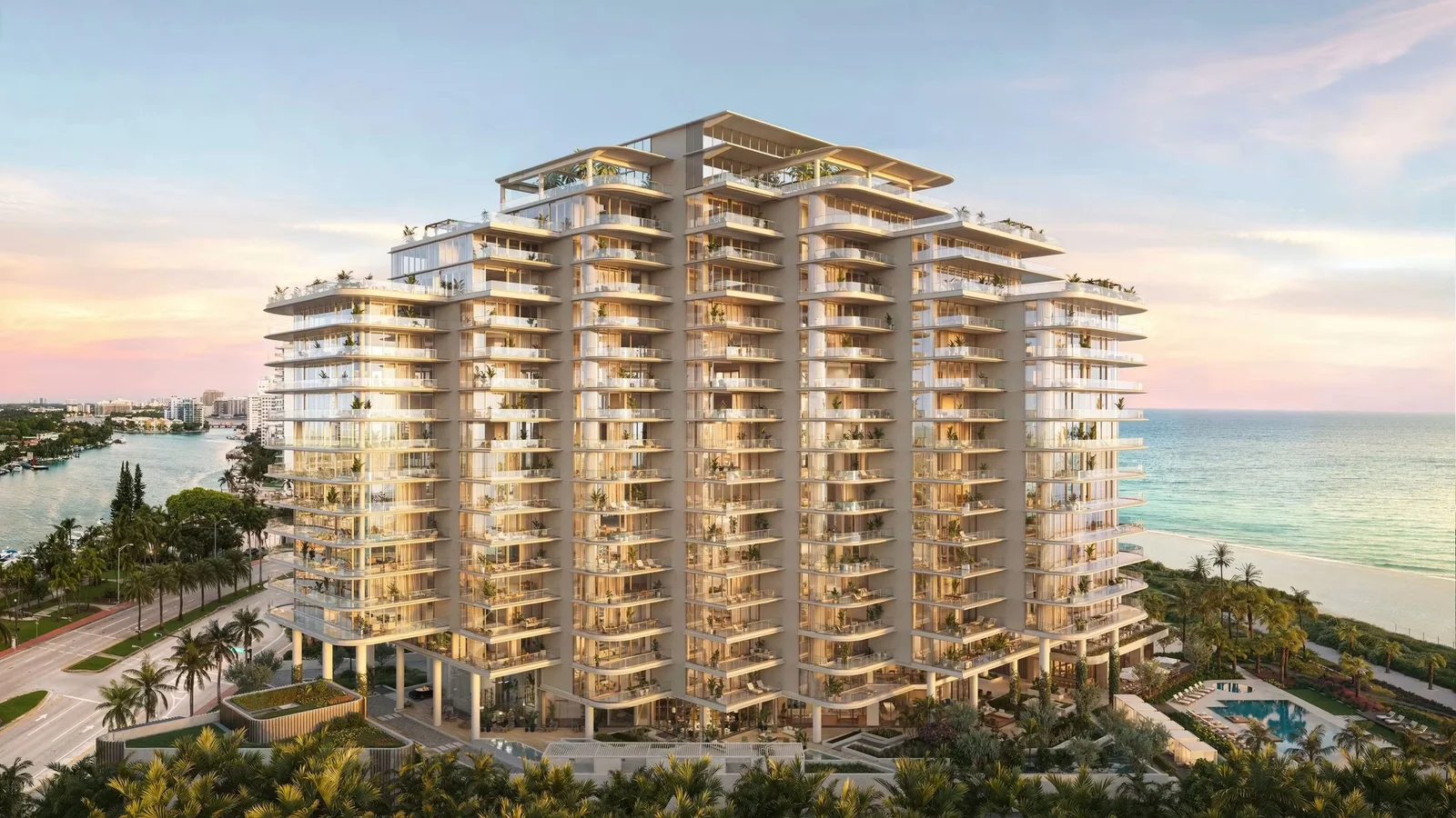 Rendering of The Perigon, a terraced oceanfront tower on Collins Avenue in Miami Beach, at sunset