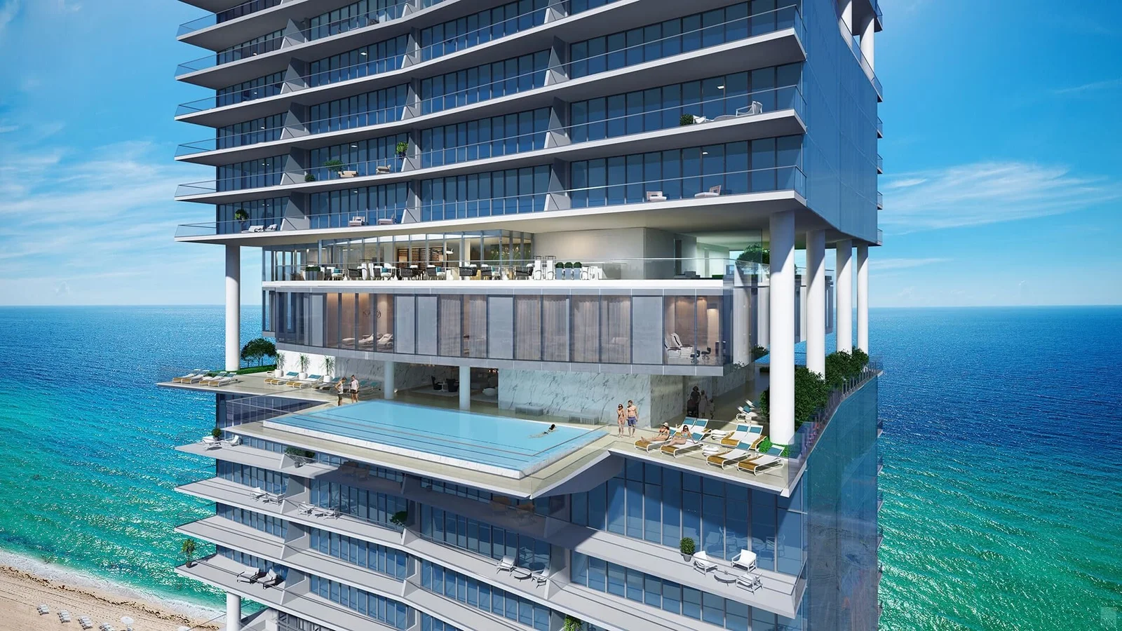 Rendering of the sky club floor with a cantilevered pool on the Turnberry Ocean Club tower above the ocean