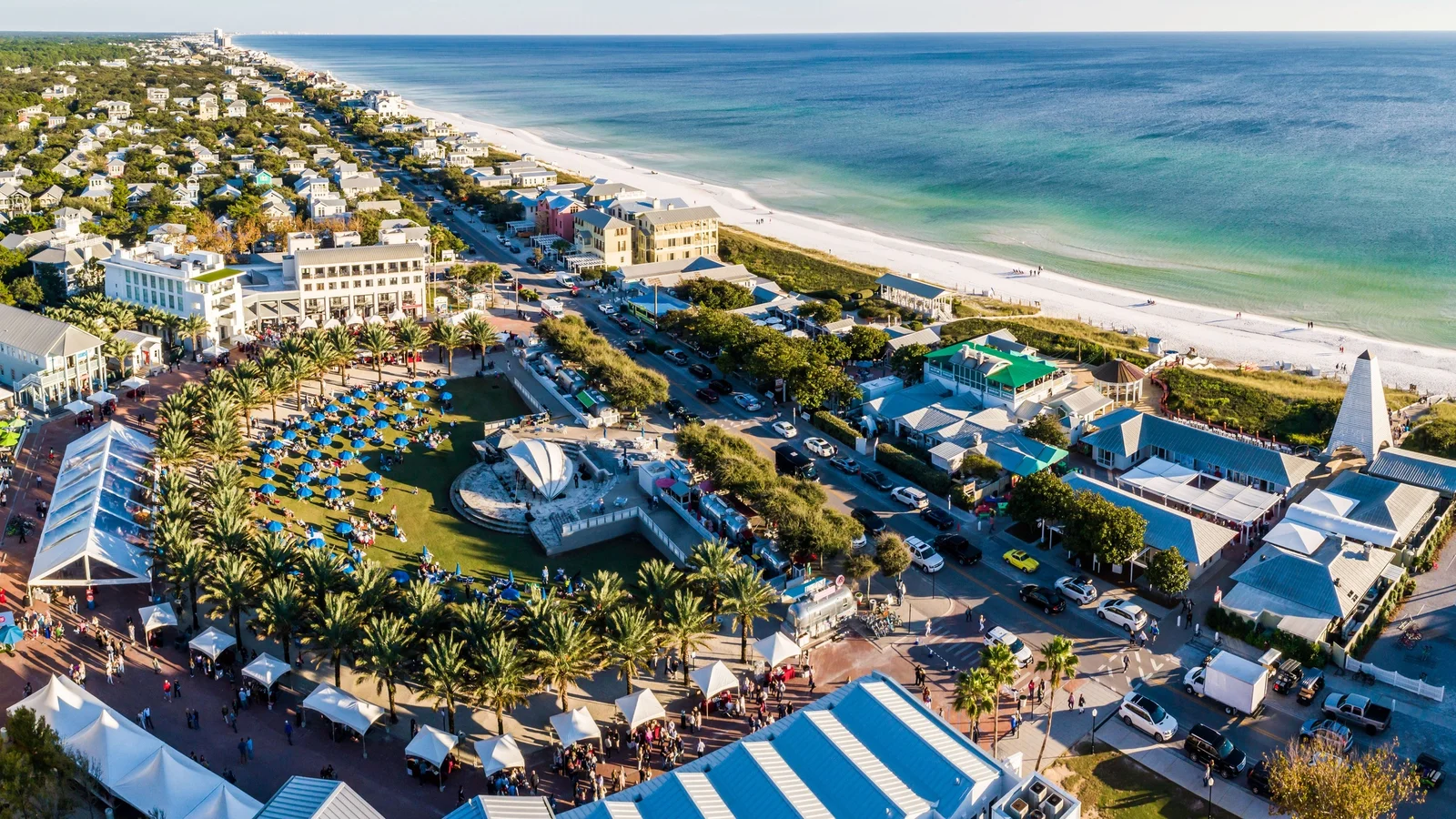 Aerial view of Seaside on Scenic Highway 30A in Walton County with its town center and beach