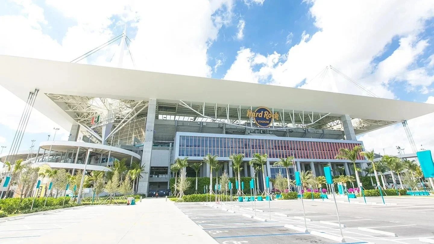 Hard Rock Stadium in Miami Gardens under its white canopy roof