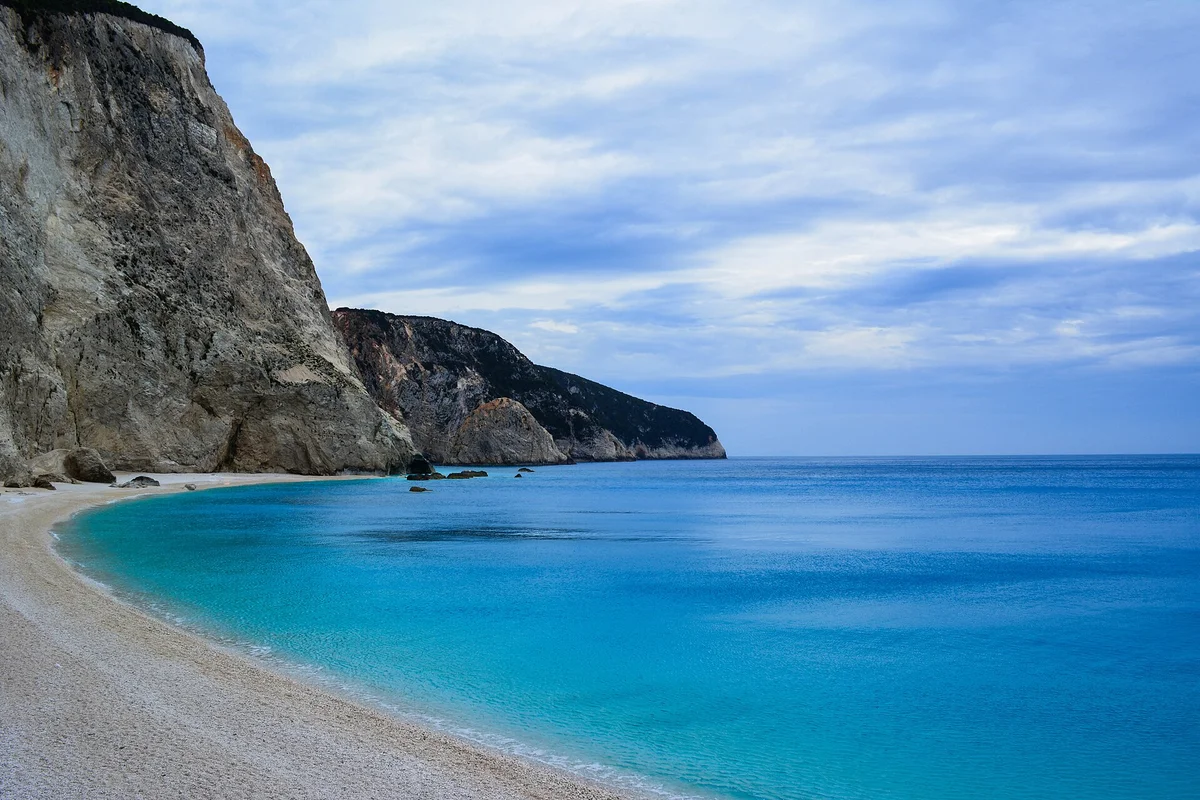 White cliffs dropping to a narrow beach and turquoise water on the west coast of Lefkada