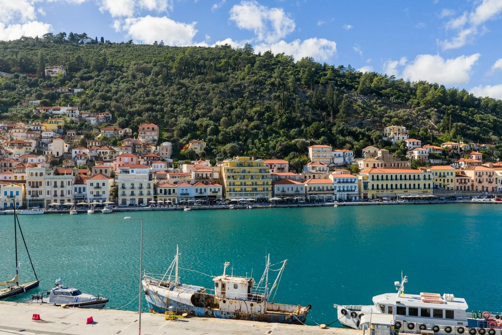 Pastel waterfront houses of Gythio, Peloponnese