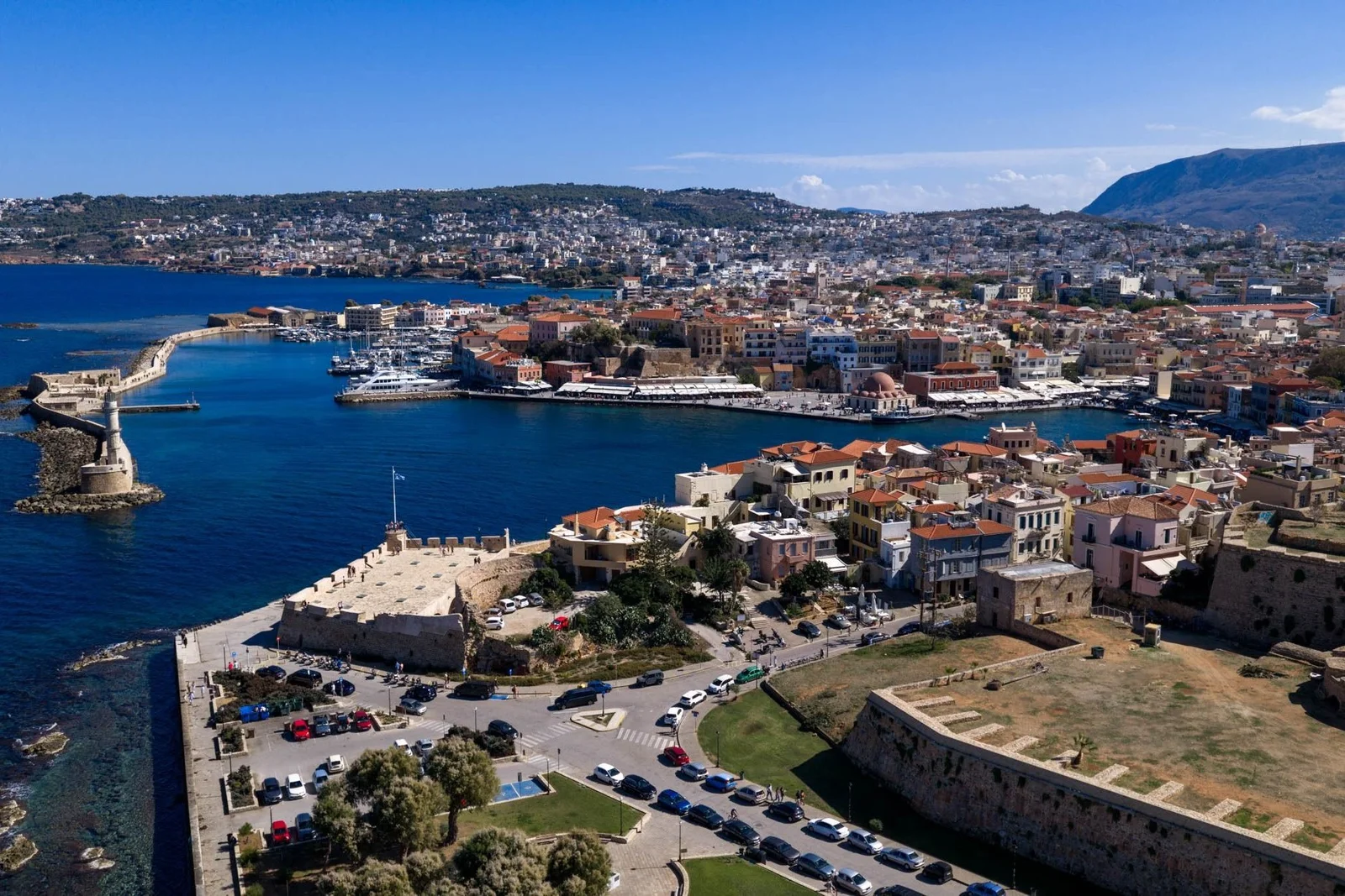 Aerial view of Chania harbour and its Venetian lighthouse, Crete