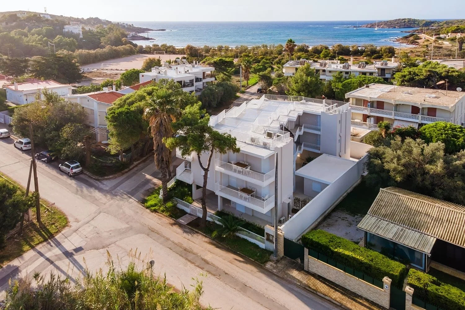Aerial view of a Solena apartment building near the sea at Sounio