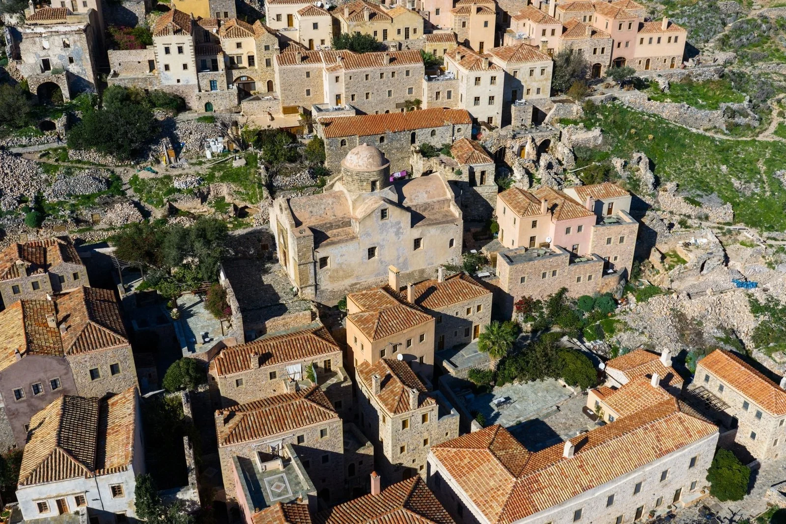 Aerial view of the stone houses of Monemvasia old town