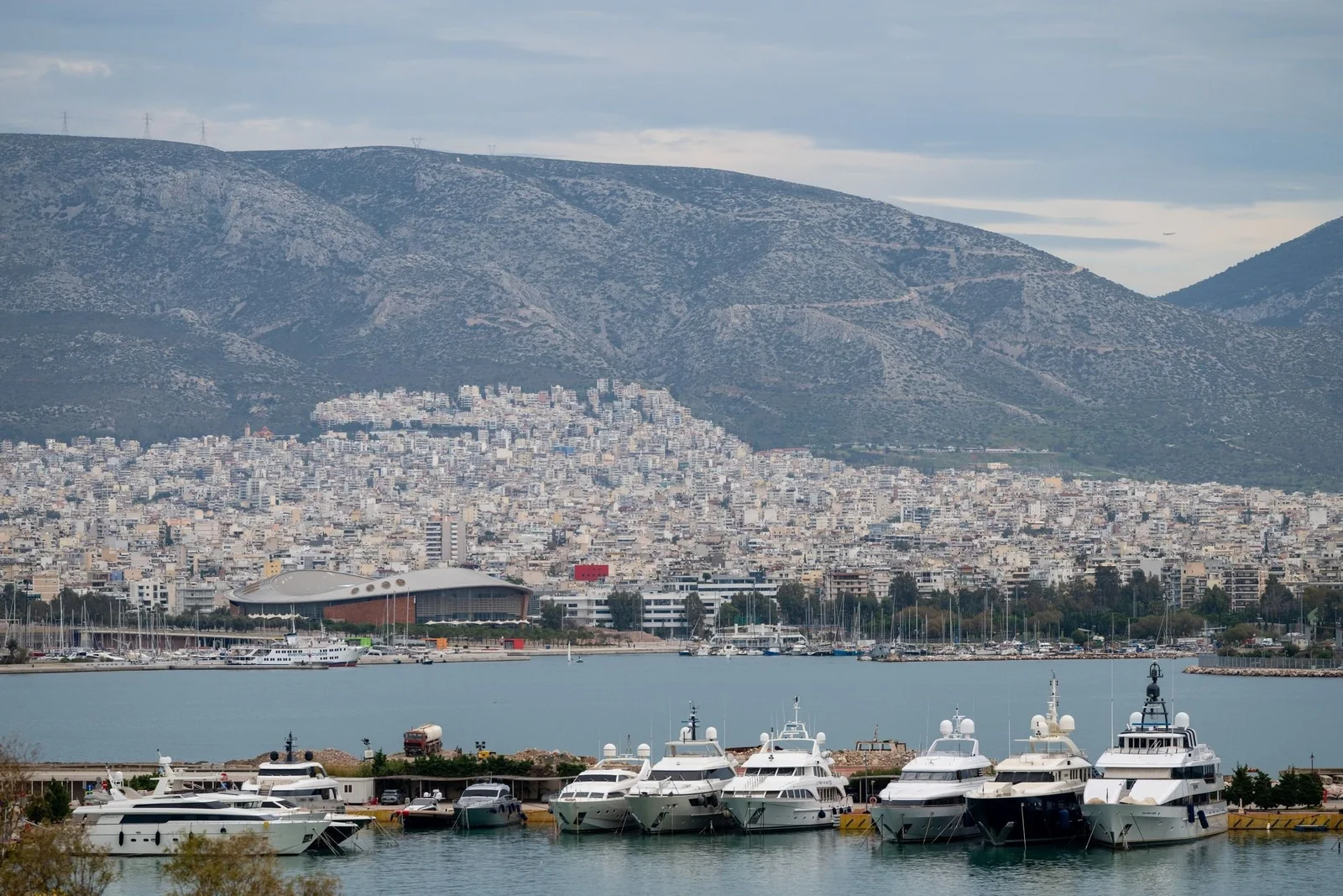 Piraeus seafront and marina with mountains behind