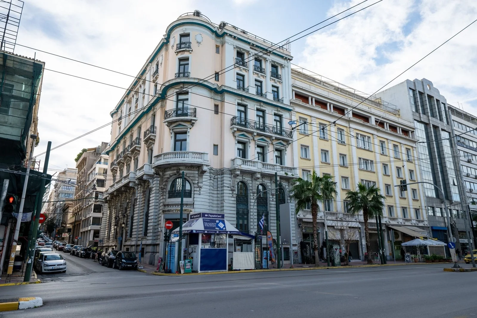 Neoclassical buildings on a street corner in Piraeus
