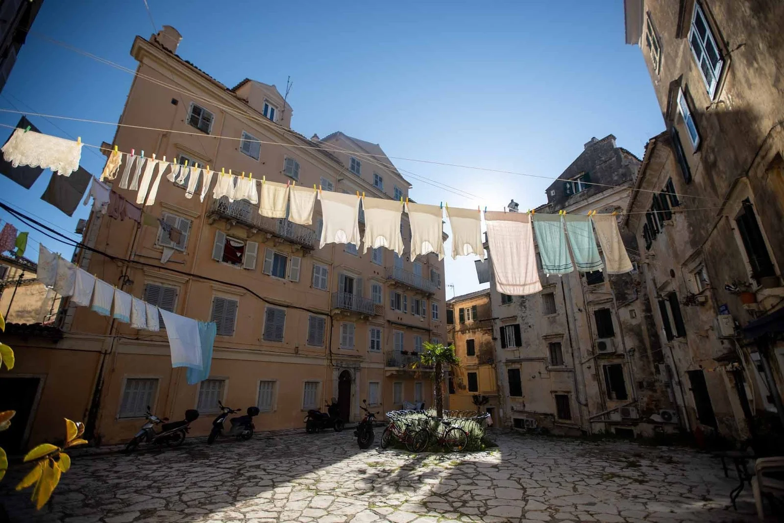 Courtyard with washing lines in Corfu old town