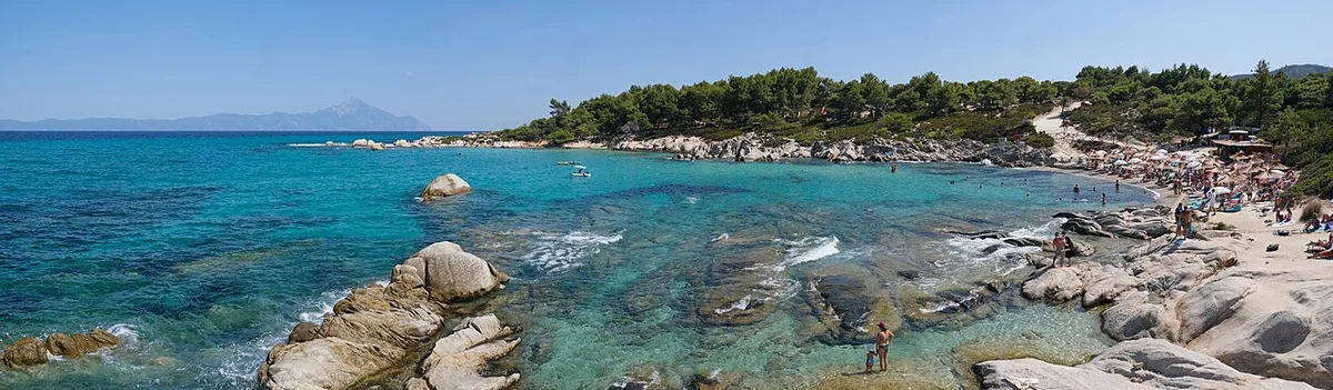 Pine trees leaning over a small cove of pale rock and clear water on the Halkidiki coast